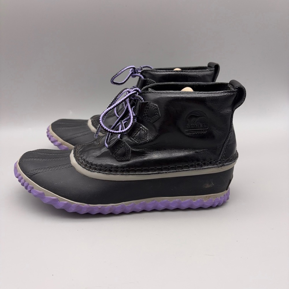Sorel Out N About Rain Boots Womens 5 Black Waterproof Leather Duck Booties - Picture 4 of 12